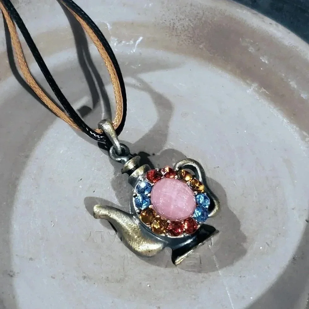 Rustic Antique Bronze Rhinestones Teapot Pendant Necklace Vegan Leather Cord - Picture 6 of 11